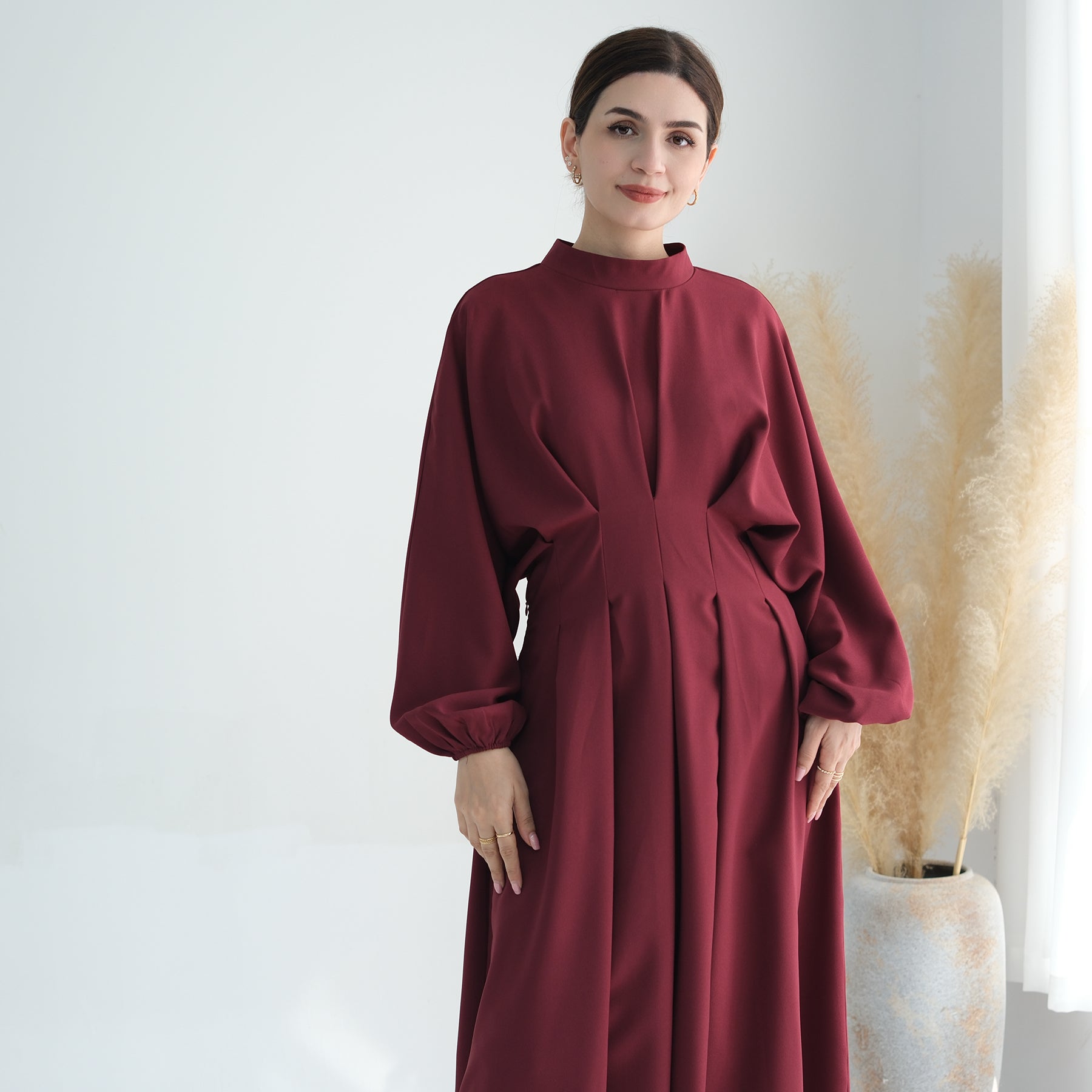 Madison Long Sleeve Maxi Dress for Women - Elegant Wine Red Flowy Formal Gown with Side Slits, Perfect for Weddings, Parties & Special Occasions