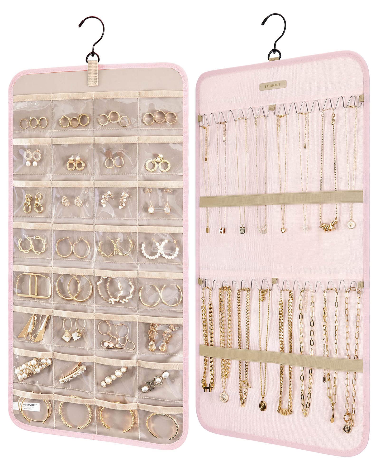 BAGSMART Hanging Jewelry Organizer - Double-Sided Jewelry Storage Roll with Metal Hooks for Earrings, Necklaces, Rings - Perfect for Closet, Wall, or Door - Medium Size, Pink - Ideal for Travel, Home Organization & Gift Giving