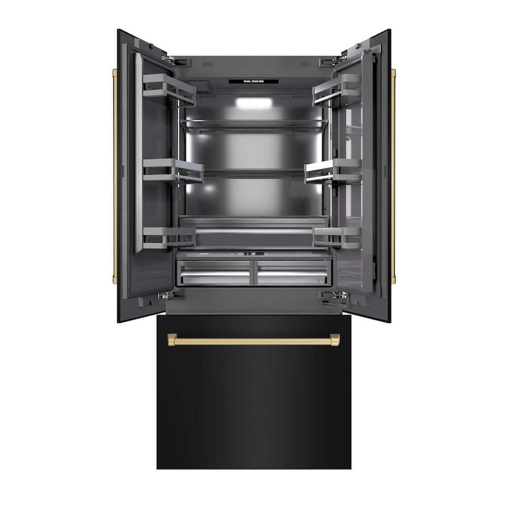 ZLINE Autograph Edition 36 Inch French Door Built-In Bottom Freezer Refrigerator - 19.6 cu. ft. Capacity, Black Stainless Steel with Graphite Gray Interior & Champagne Bronze Accents - Water Dispenser & Ice Maker - Perfect for Modern Kitchens & Open Concept Homes (GRBIVZ BS 36 CB)