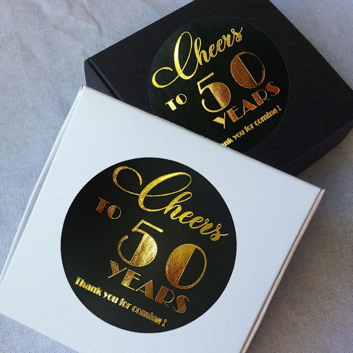 50th Birthday & Anniversary Party Stickers - Set of 100 Black & Real Gold Foil Round Labels (1.6