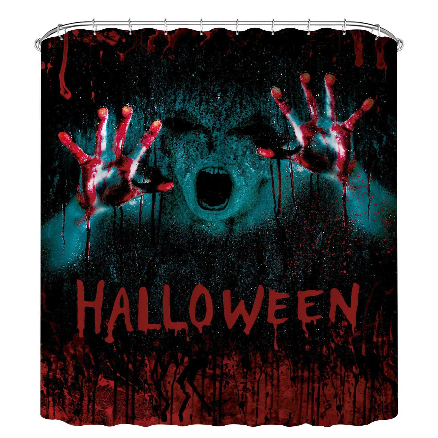 Scary Halloween Shower Curtain - Bloody Ghost Hands Design with Hooks, 71x71 Inch Black Fabric Bathroom Decor for Spooky Holiday Theme - Perfect for Halloween Party Decorations & Haunted House Bathroom Makeover