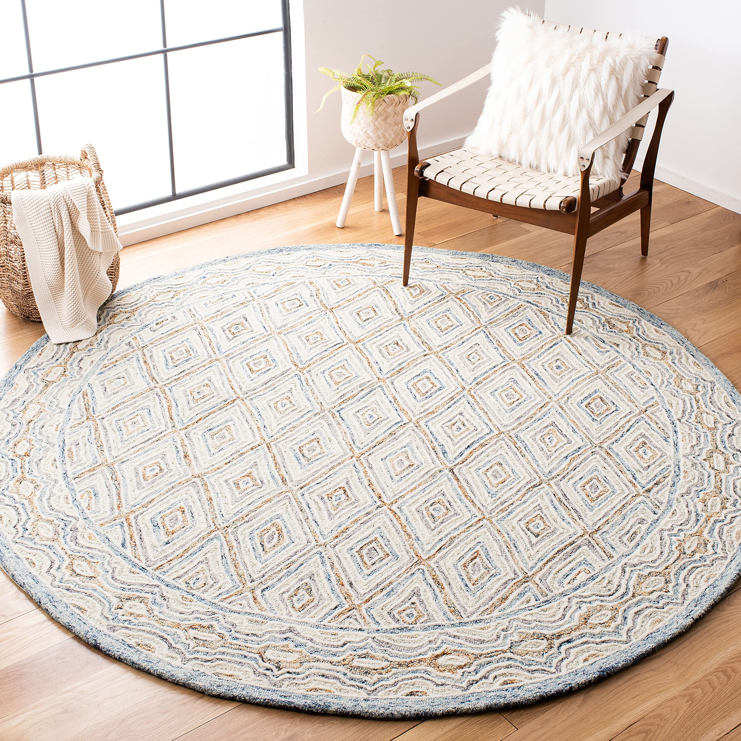 SAFAVIEH Capri Collection 7' Round Blue & Rust Handmade Premium Wool Area Rug - Perfect for Living Room, Bedroom, or Office Decor