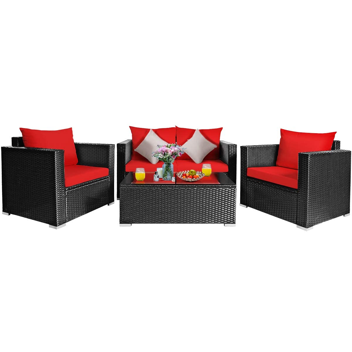 4-Piece Patio Rattan Chair Set with Tempered Glass Coffee Table & Cushions - Outdoor Wicker Sectional Sofa Conversation Set for Garden, Yard, Poolside (Red) - Perfect for Relaxing, Entertaining & Lounging in Your Outdoor Space