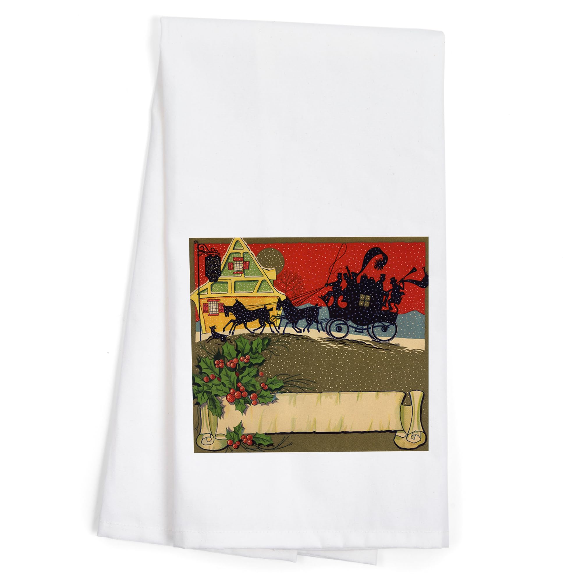Lantern Press Christmas Carriage Citrus Crate Label - 100% Cotton Tea Towel & Decorative Hand Towel for Kitchen, Bathroom & Home Decor | Perfect for Holiday Gifts, Farmhouse Style & Vintage Christmas Decorations