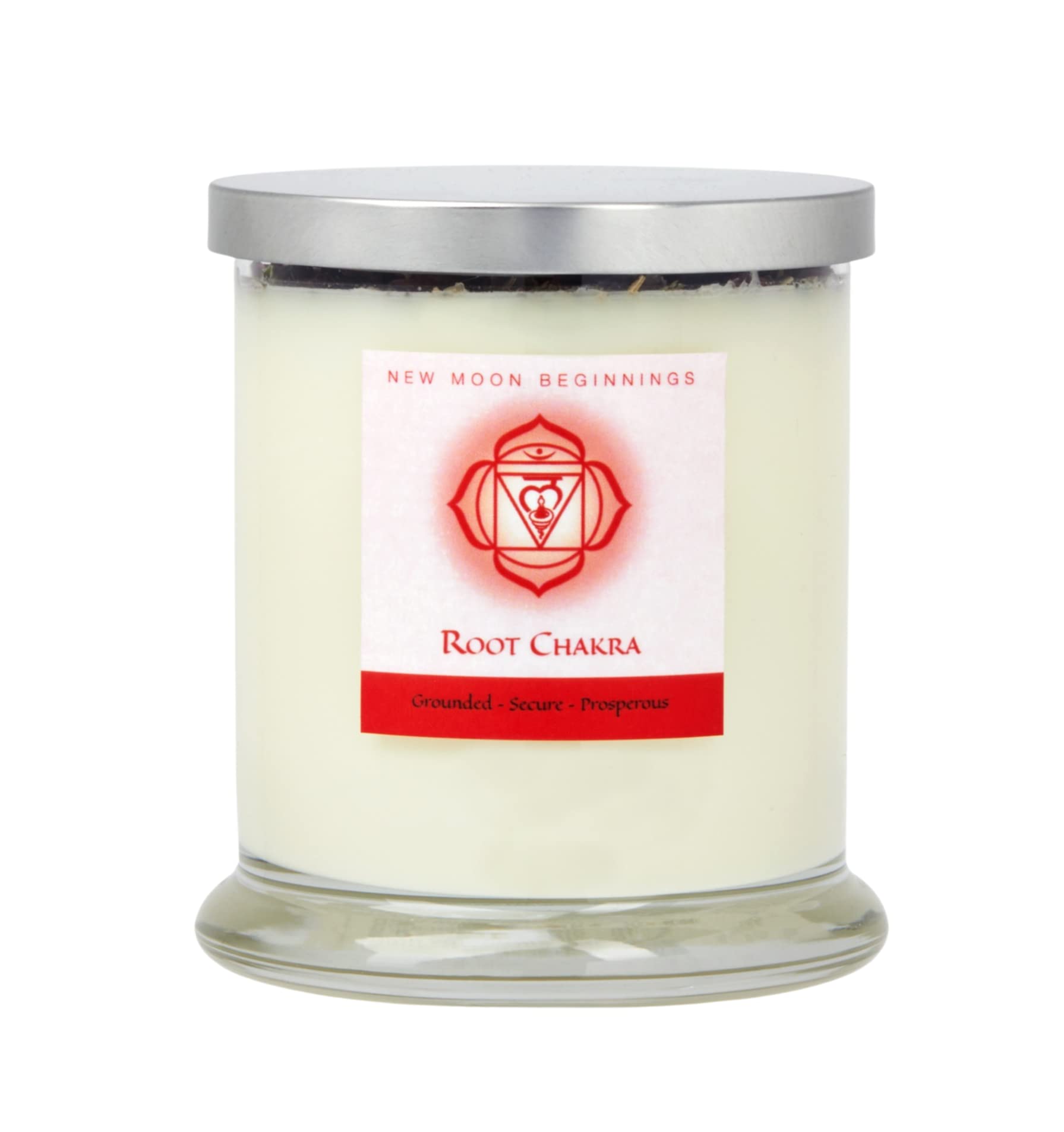 New Moon Beginnings Root Chakra Candle - Natural Soy Wax Aromatherapy Candle with Herbs, Flowers & Crystals for Meditation, Yoga & Spiritual Healing - Chakra Balancing & Energy Cleansing