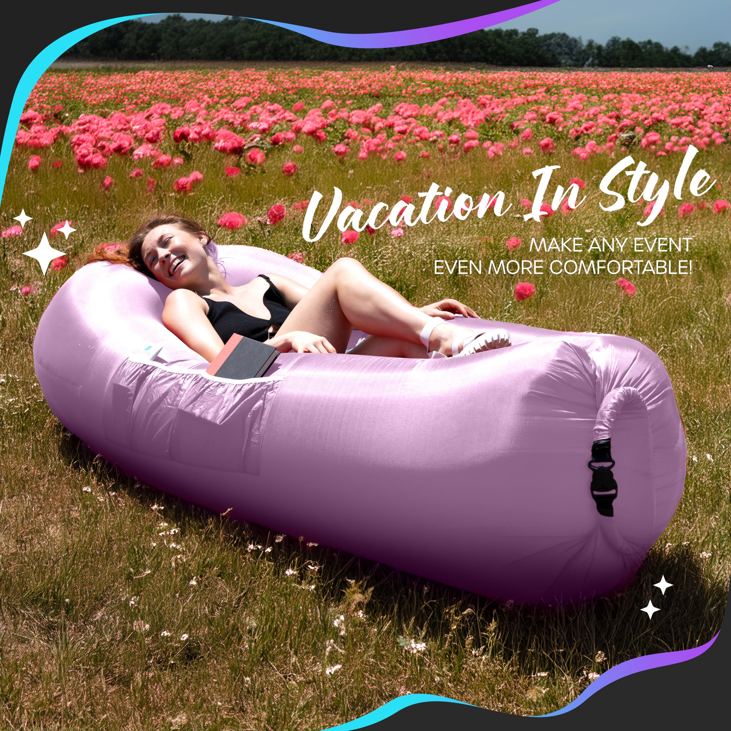 Nevlers Inflatable Lounger - 210T Polyester Portable Air Sofa Bed with 450 lbs Capacity | No Pump Blow Up Couch for Camping, Beach, Pool & Indoor Use | Includes Storage Pockets & Carry Bag | Perfect for Adults & Kids Outdoor Relaxation