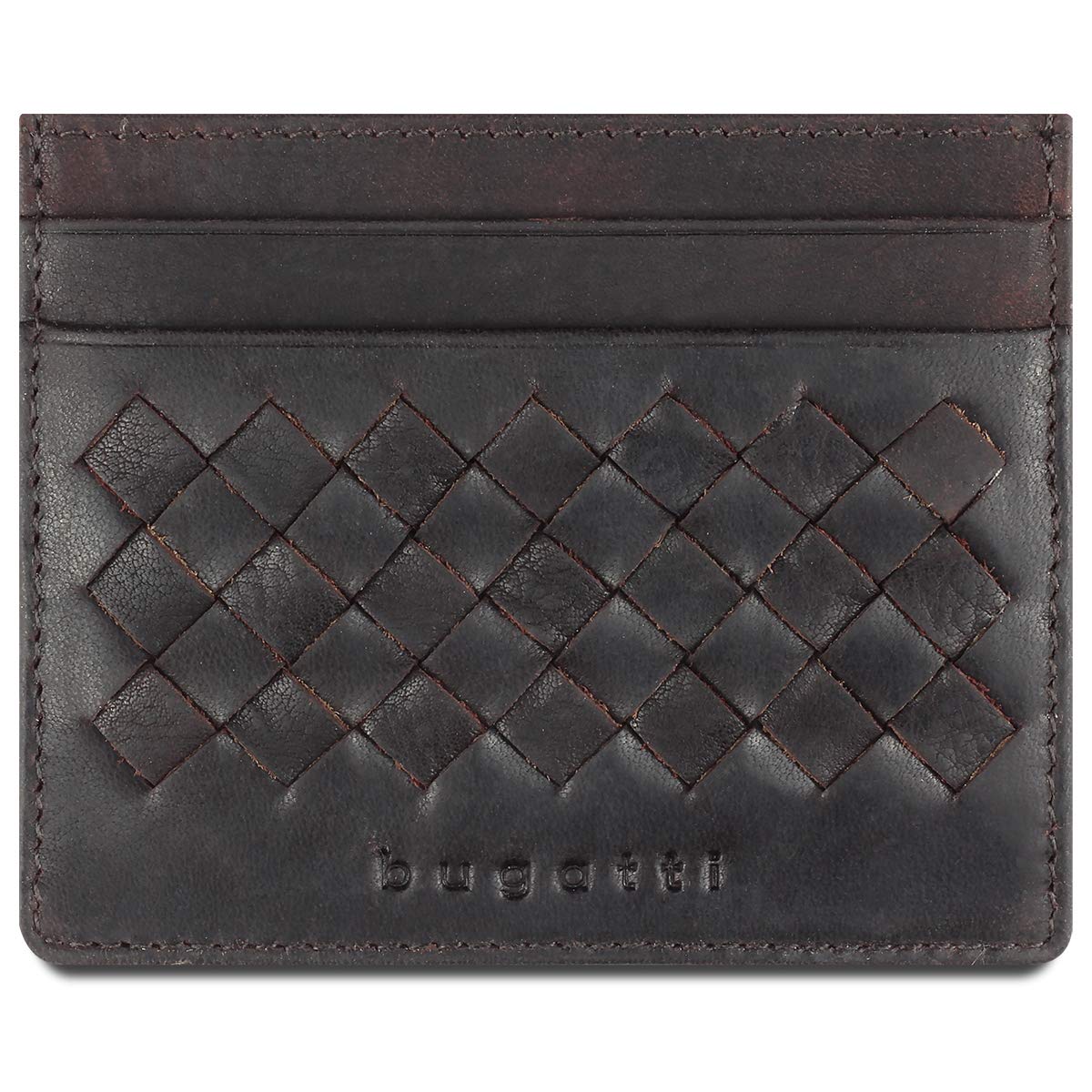 Bugatti Woven Leather Card Holder Wallet - Slim RFID Blocking Credit Card Case for Men & Women - Perfect for Business, Travel & Everyday Use (Dark Brown)