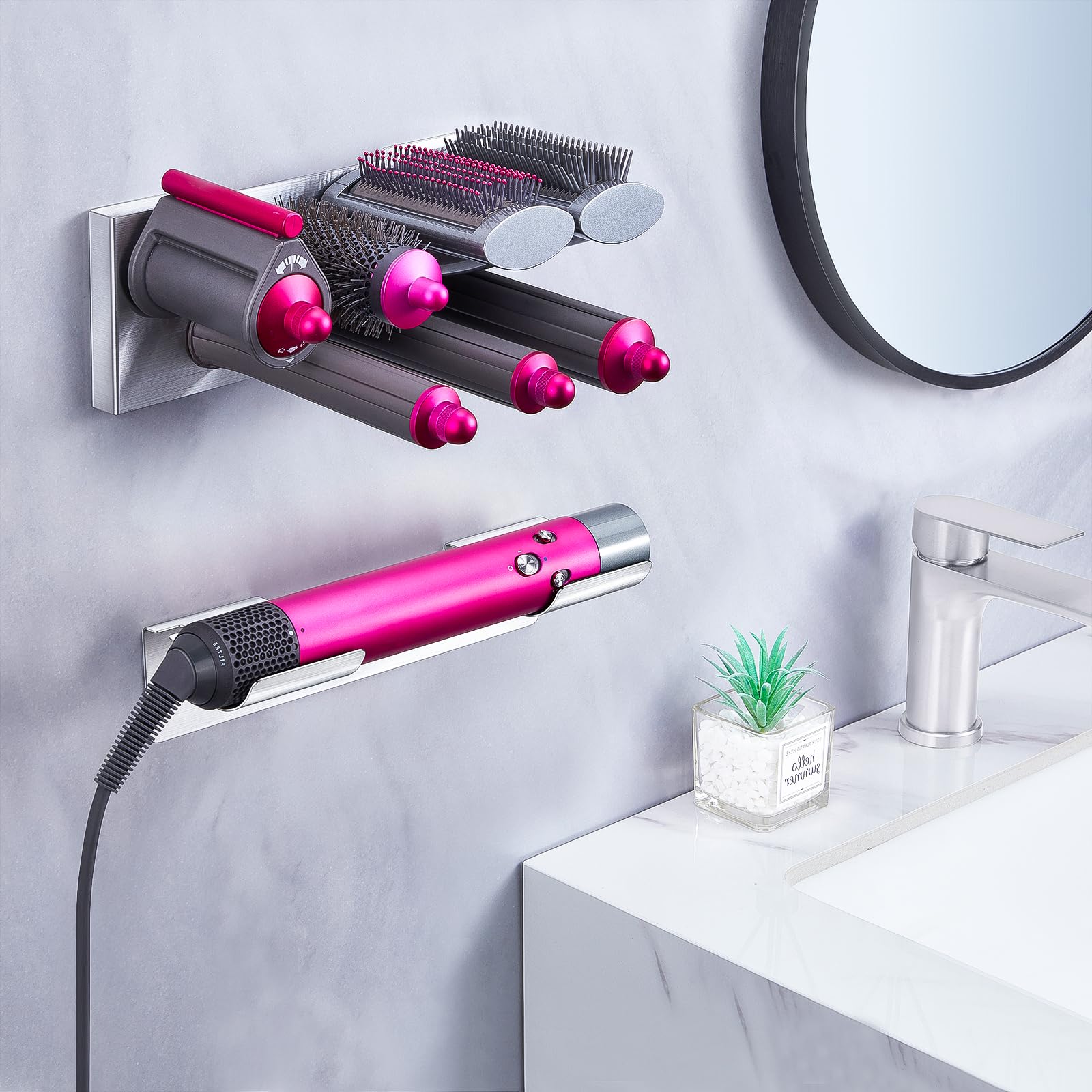 7 in 1 Wall Mount Hair Dryer Holder - Adhesive Blow Dryer & Curling Iron Organizer - Stainless Steel Hair Tools Storage for Bathroom, Salon & Home Use