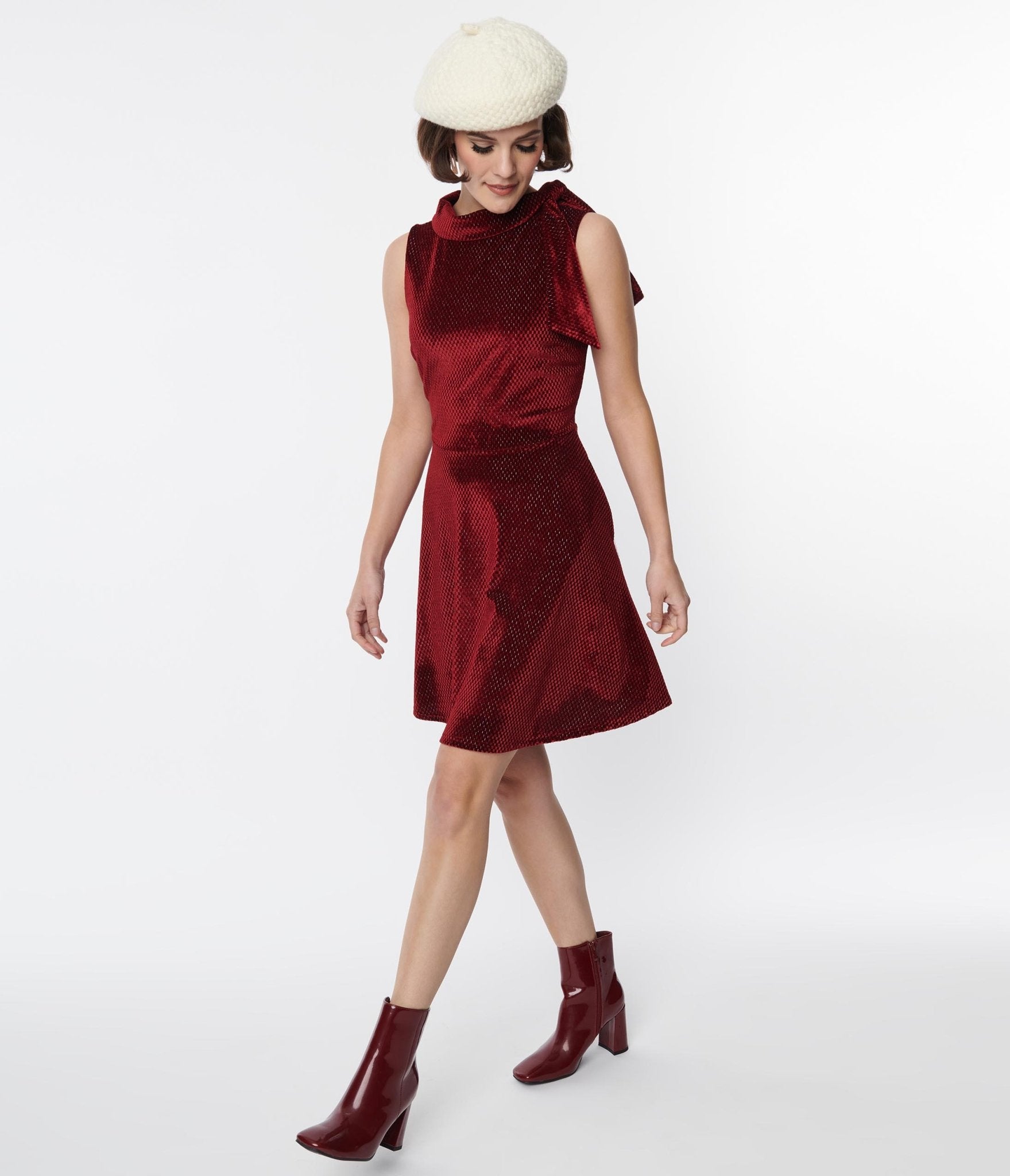 Smak Parlour Ruby Red Mock Neck Fit & Flare Dress - Women's Elegant Party Cocktail Dress for Evening Events, Weddings & Special Occasions