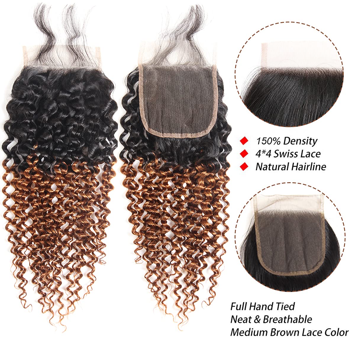 Kinky Curly Human Hair Bundles with Closure 16-20 Inch | Ombre 1B30 Brazilian Virgin Hair | 4x4 Swiss Lace Closure | Perfect for Protective Styles & Natural Hair Extensions | Great for Weddings, Parties & Daily Wear