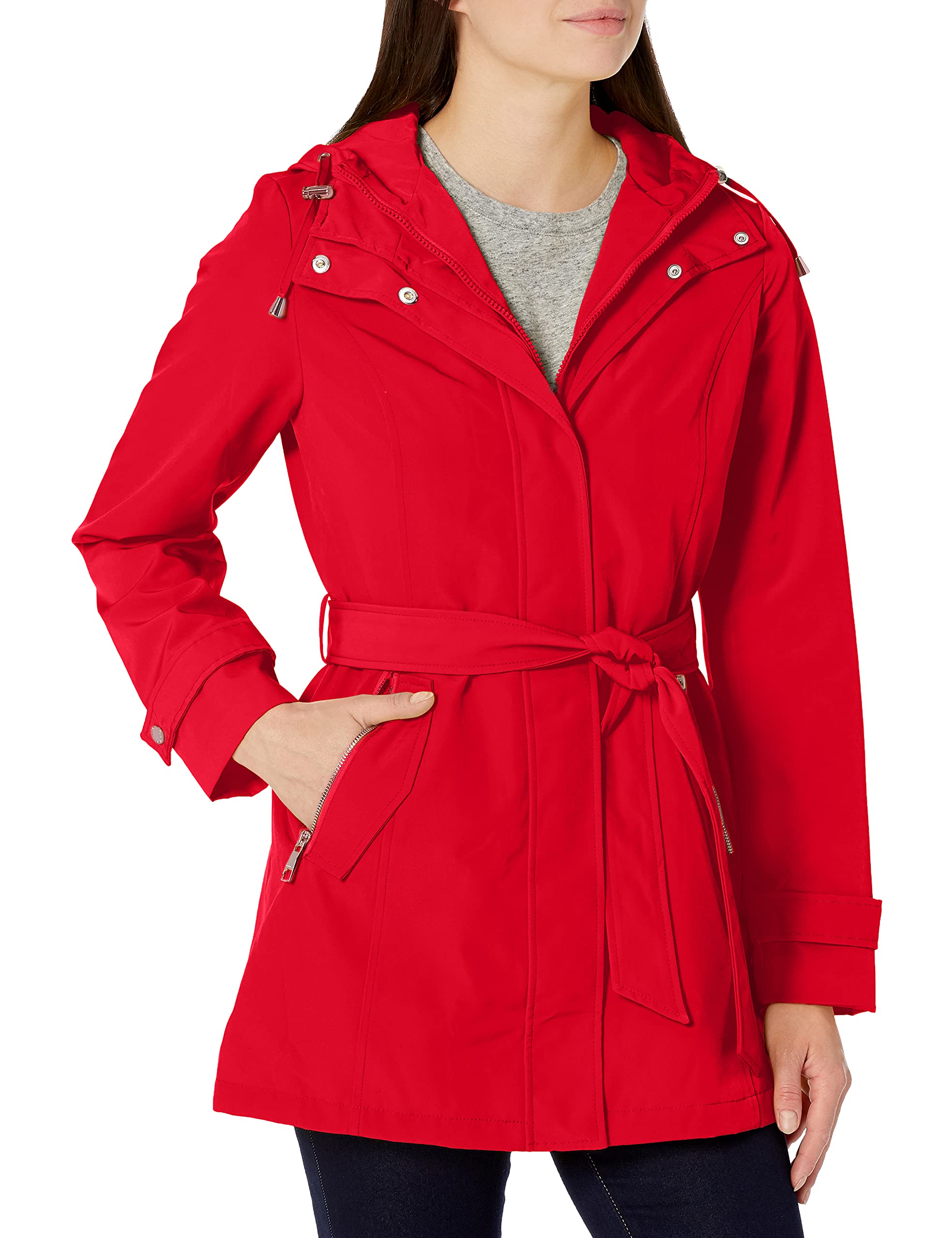 Nautica Women's Waterproof Hooded Raincoat with Adjustable Belt - Lightweight Windbreaker Jacket for Outdoor Activities, Commuting & Travel