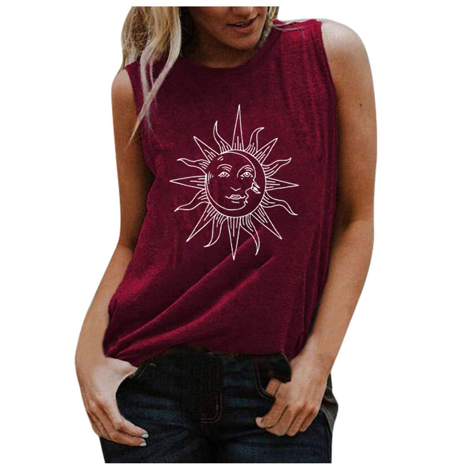 Women's Black O-Neck Sun Moon Print Sleeveless Loose Casual Vest Top - Layering Piece for Summer Outfits, Beach Wear & Boho Style Fashion