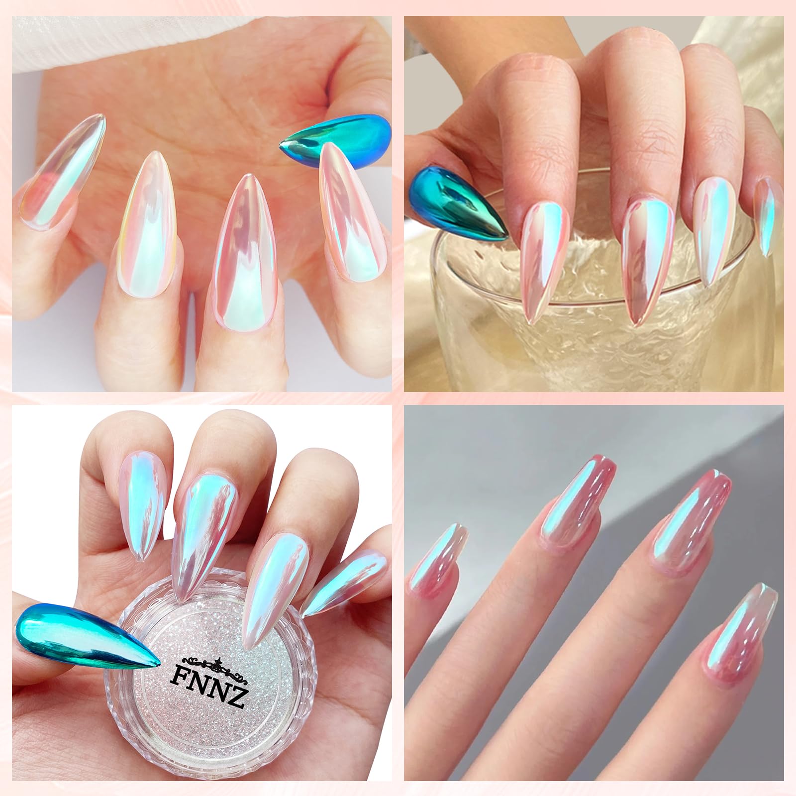 Unicorn Chrome Nail Powder - Aurora Mermaid Pearlescent Pigment for DIY Nail Art, Manicure & Salon Glitter Decorations | Perfect for Winter Snow Nail Designs & Holiday Party Nail Art