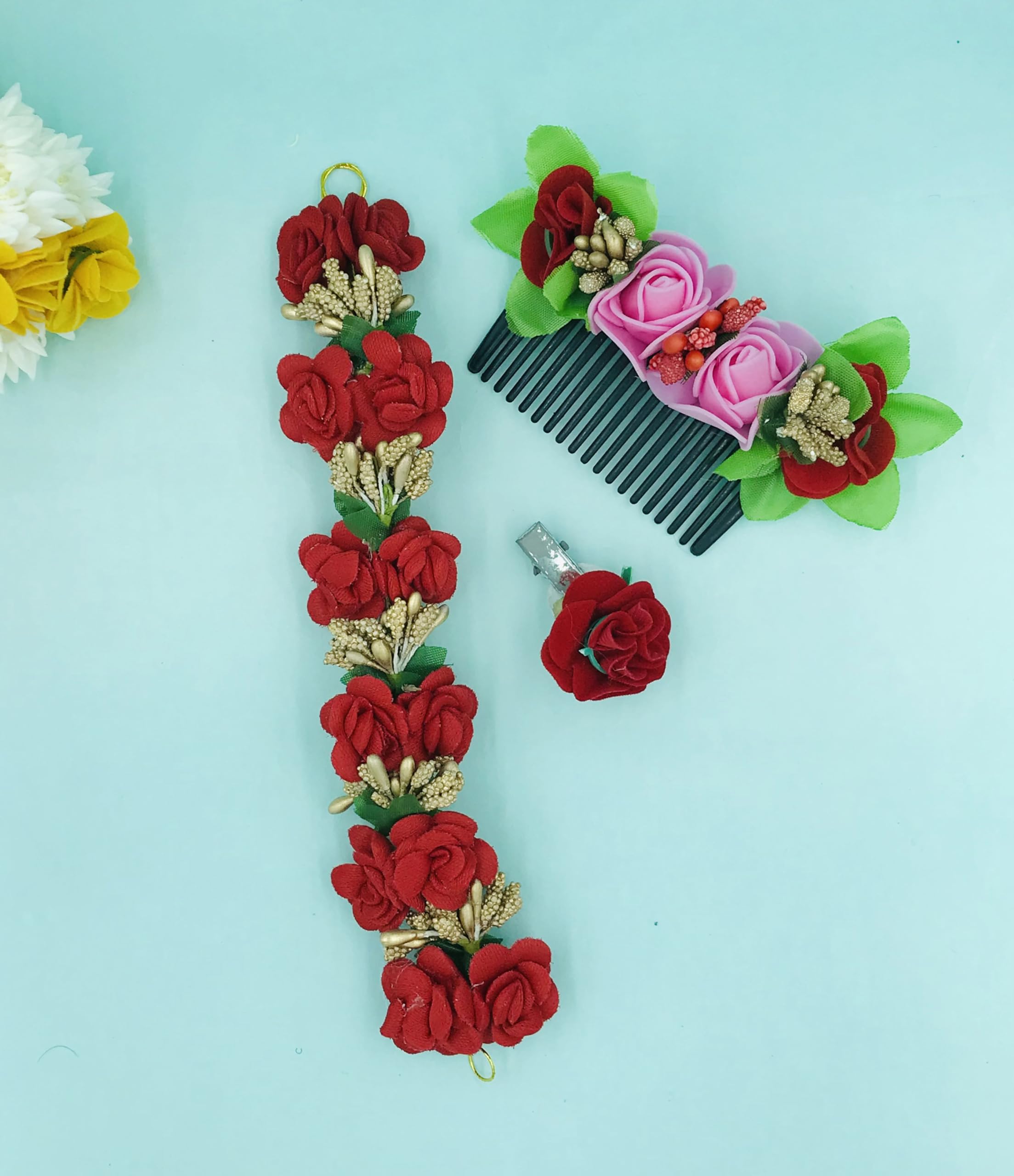 AROOMAN 3-Piece Red Hair Accessories Set for Women - Floral Hair Gajra, Hair Flower Pin & Comb | Bridal, Party, Wedding Hairstyle Decorations