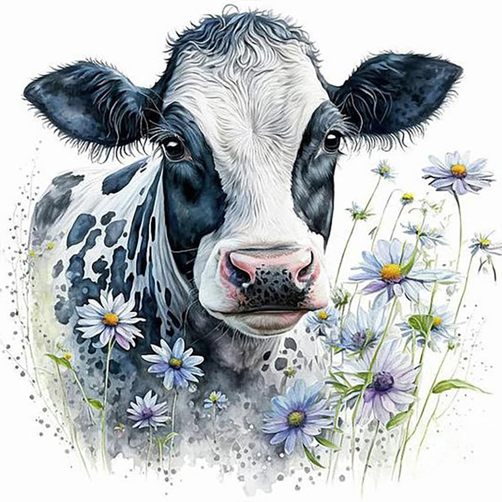 Stalente 5D Diamond Painting Kit for Adults - Daisy Flower DIY Diamond Art with Round Full Drill, 12x12 Inch, Perfect for Home Wall Decor, Gifts & Stress Relief (Cow Design) | Great for Beginners, Relaxation & Craft Enthusiasts