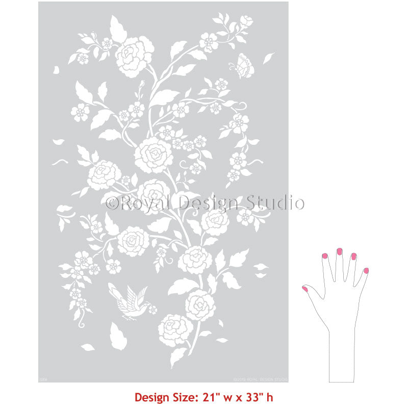Meandering Rose Chinoiserie Wall Stencil - DIY Home Decor for Bedroom, Living Room & Nursery - Floral Pattern Painting Template for Walls and Furniture