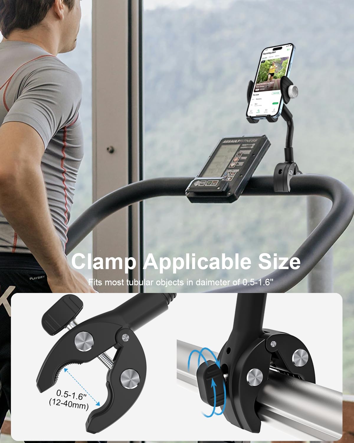 Adjustable Gooseneck Bike Phone Holder - Universal Smartphone Mount for Exercise Bikes, Stationary Bicycles & Treadmills - Compatible with iPhone 16 Pro Max/15/14/13/12/11, Samsung S24 & 4.7