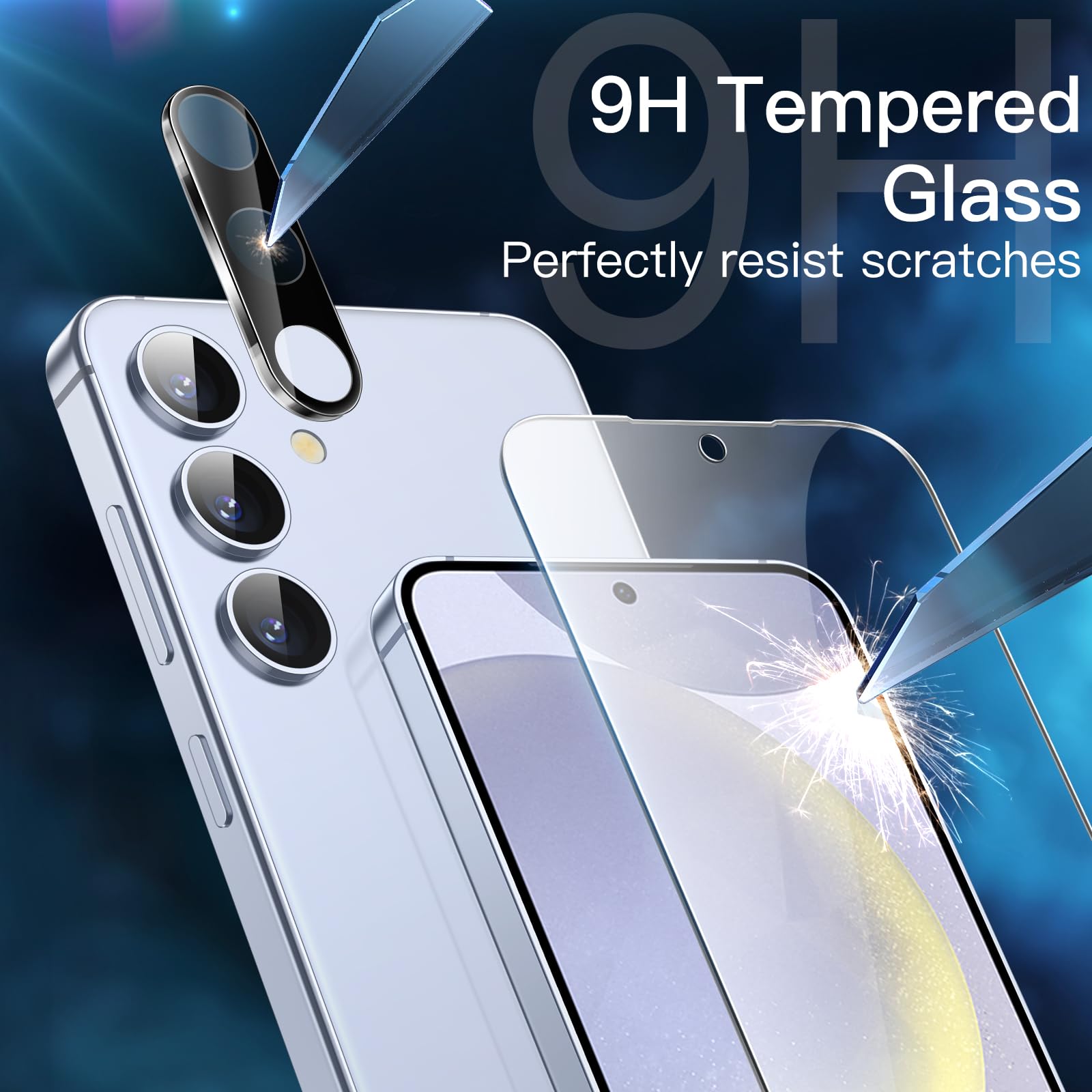 JETech 5 in 1 Matte Case for Samsung Galaxy S24+ / S24 Plus 5G - 2-Pack Screen Protector + Camera Lens Protector - Translucent Back Protective Phone Cover with Tempered Glass Film (Sapphire Blue) - Perfect for Daily Use, Work & Outdoor Activities