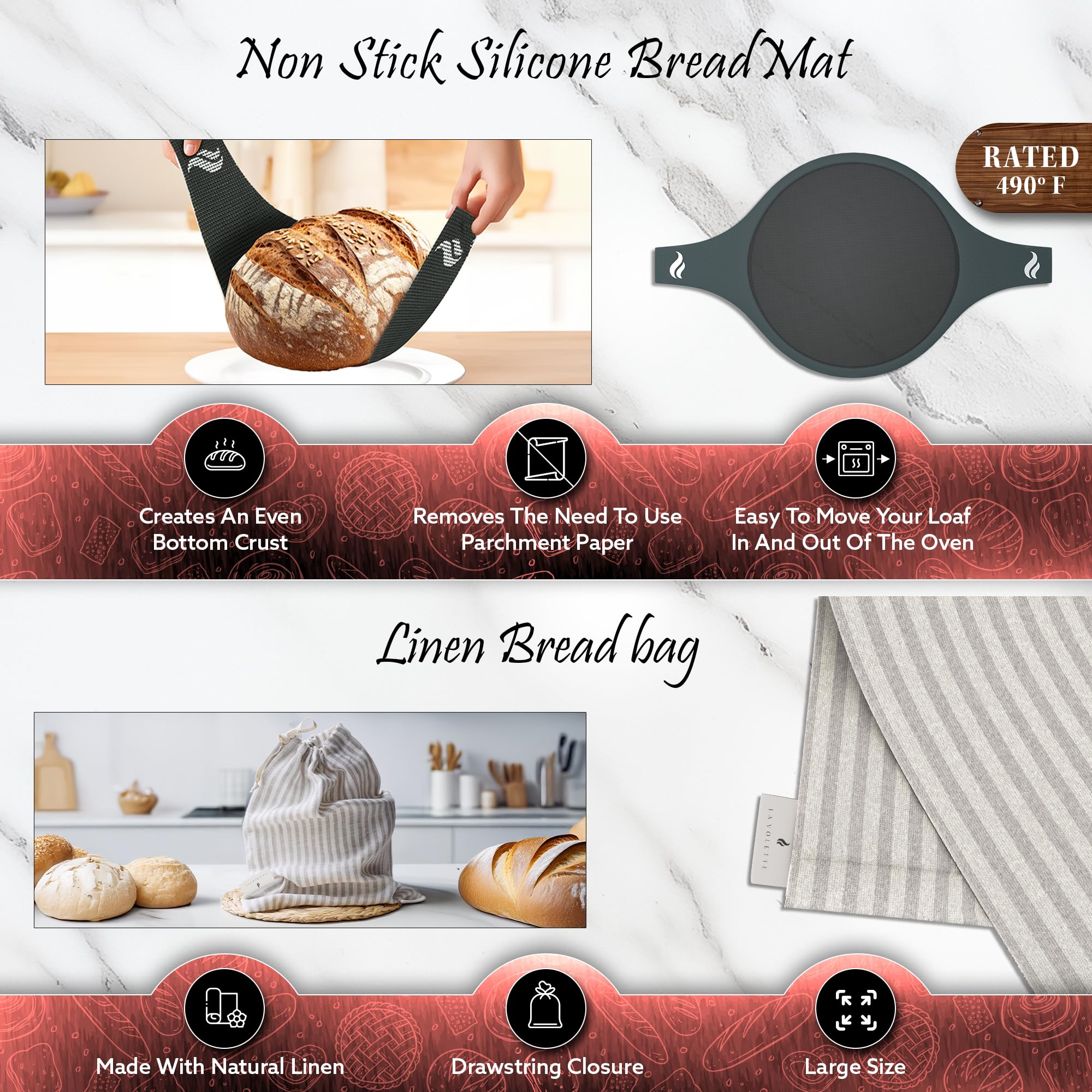 9-Piece Enameled Cast Iron Bread Baking Set with Lid – 10 Inch Dutch Oven, Silicone Mat & Banneton | 6 Quart Red Enameled Bread Pan | Perfect for Artisan Sourdough, No-Knead & Homemade Bread Baking