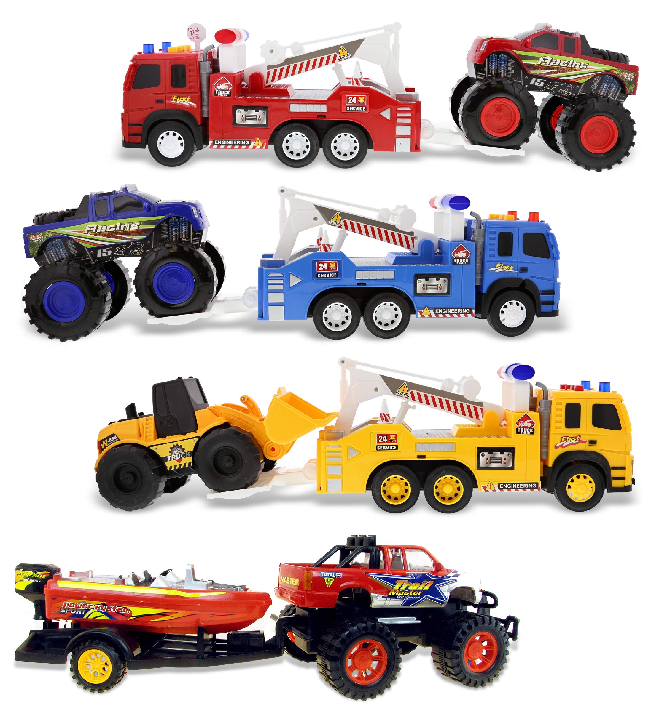 Mozlly 4-Pack Friction Powered Toy Trucks Set - 3 Emergency Tow Trucks with Lights & Sounds + Monster Truck with Speed Boat Trailer - Push & Go Action Vehicles for Kids - Perfect for Pretend Play, Birthday Gifts & STEM Learning (Styles May Vary)