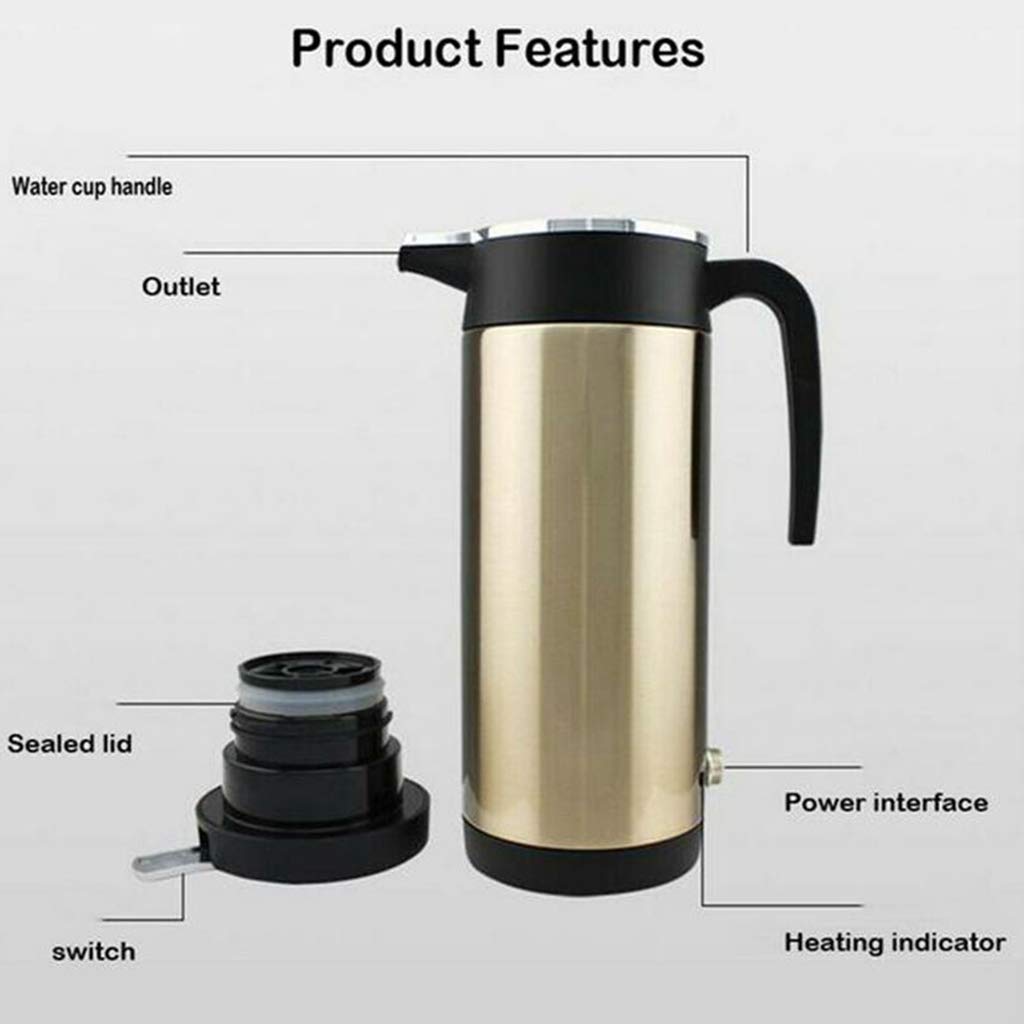 Portable Electric Car Kettle - 12V Travel Kettle for Road Trips & Camping - Fast Boiling Lightweight Golden Design - Perfect for Coffee, Tea & Instant Meals on the Go