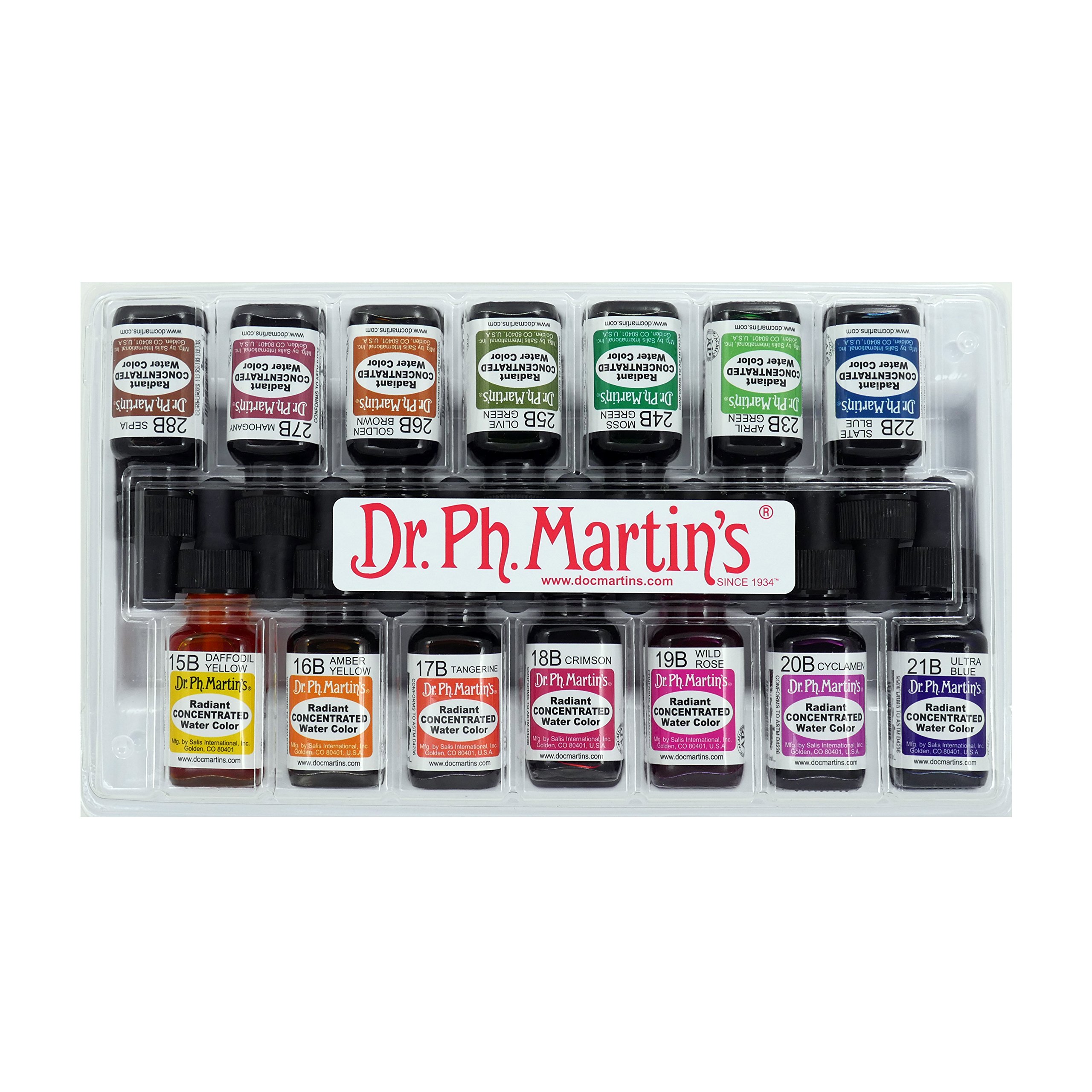 Dr. Ph. Martin's Radiant Concentrated Watercolor Paint Set - 14 Vibrant Colors (0.5 oz Each) for Professional Artists & Watercolor Techniques | Perfect for Illustration, Calligraphy & Mixed Media Art Projects