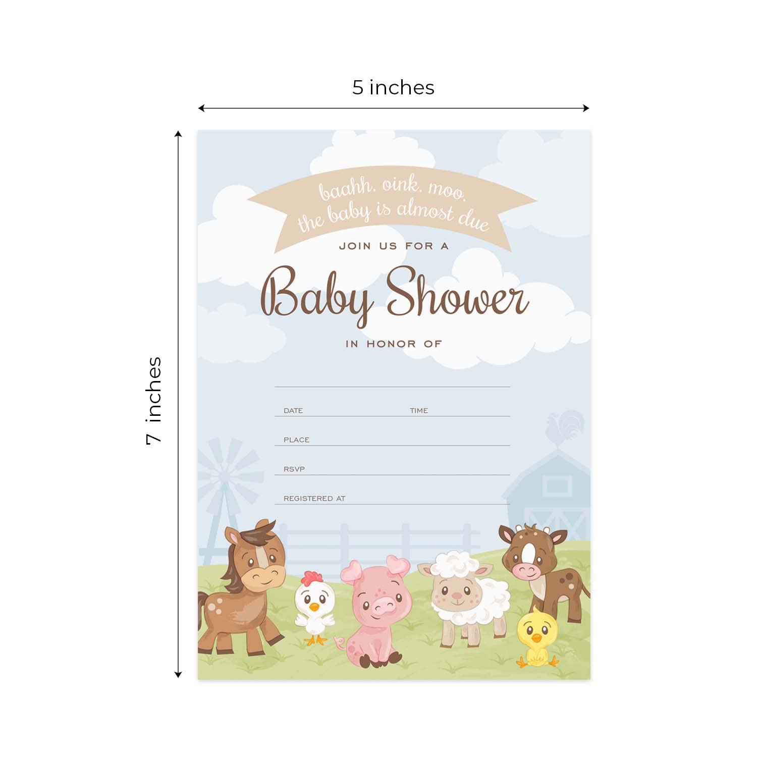 Barnyard Baby Shower Invitations - 25 Gender Neutral Farm Animal Cards with White Envelopes, 5