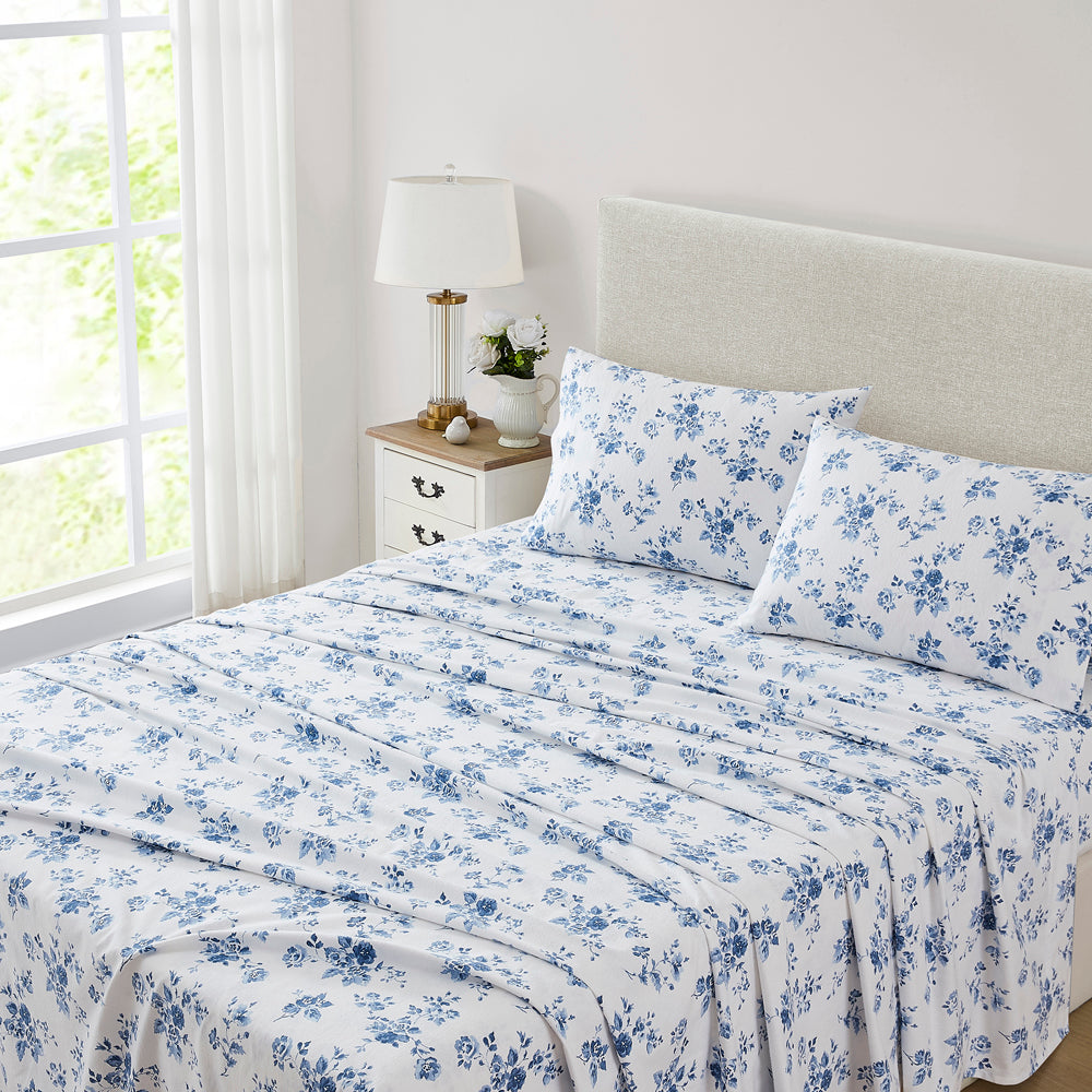 Midnight Blue Flannel Sheet Set Queen Size | Soft & Cozy China Rose Pattern | Perfect for Winter Nights & Cold Weather Bedding