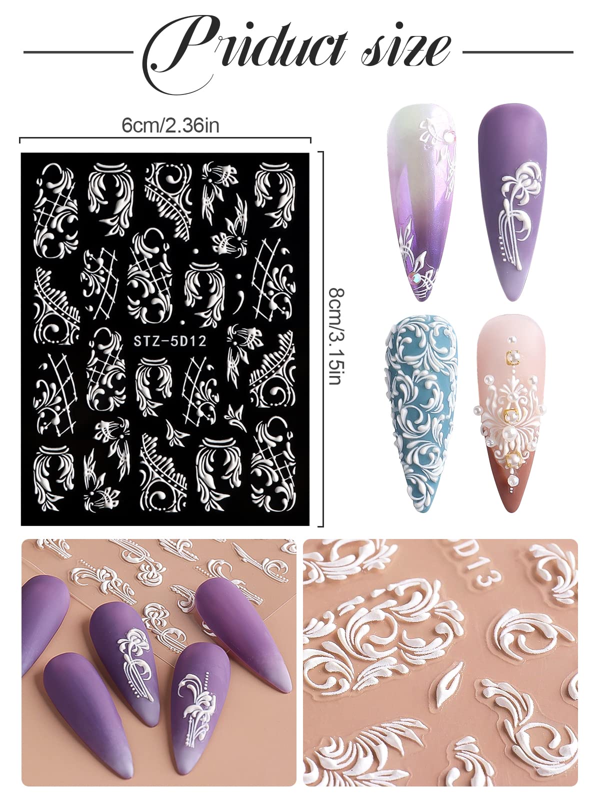 EBANKU 8 Sheets 5D White Flower Nail Stickers, Floral Nail Art Decals for Women and Girls - Perfect for DIY Nail Design, Parties, and Special Occasions