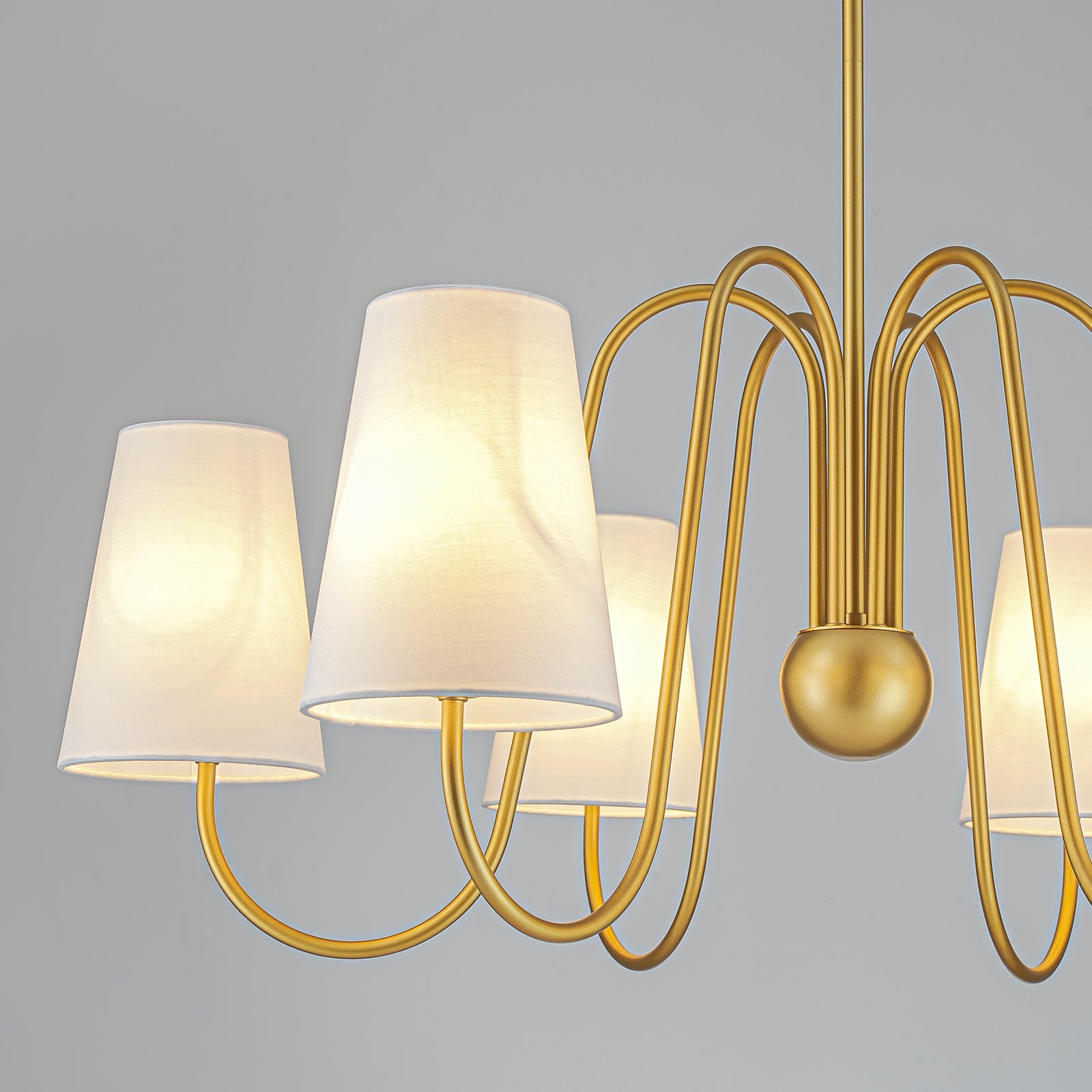 Vintage Mid-Century Modern 6-Light Brass Chandelier with White Fabric Shades - 33