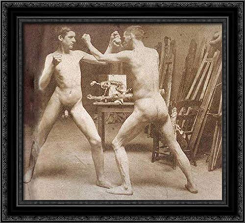 Thomas Eakins Two Nude Boys Boxing Painting - 22x20 Black Ornate Wood Framed Canvas Art - Classic American Sports Decor for Living Room, Study or Man Cave