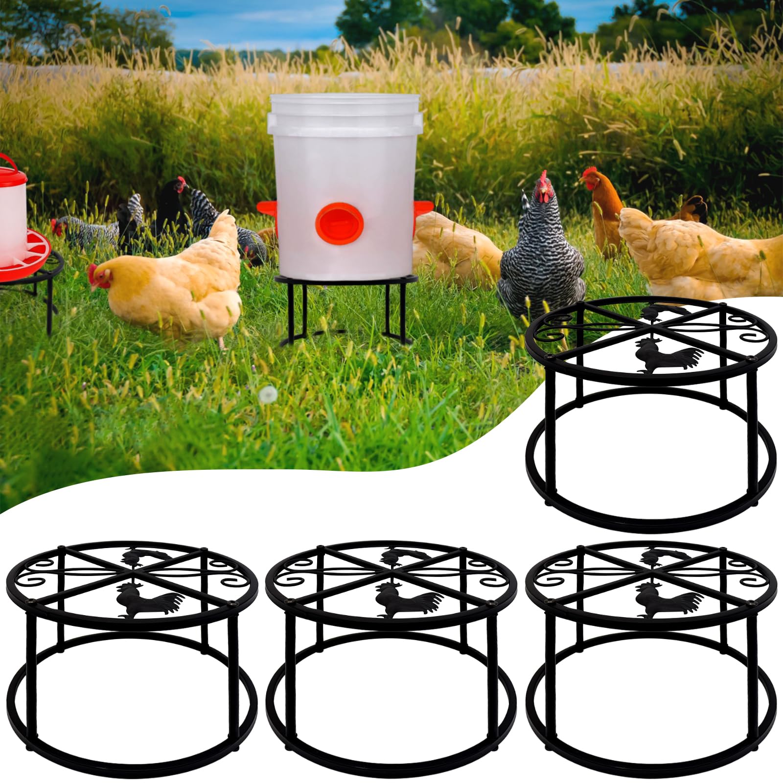 4Pcs Heavy Duty Metal Chicken Waterer Feeder Stand with 4 Legs & Round Base - Bucket & Barrel Support Holder for Poultry Coop - Indoor/Outdoor Use for Chicken Farms, Backyard Flocks & Homesteading