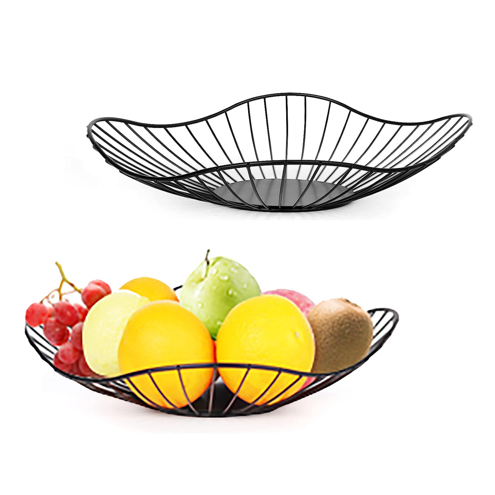 2 Pack Modern Minimalist Wire Fruit Bowls - Black Kitchen Countertop Storage for Fruits & Vegetables | Home Decor Centerpiece for Dining Table, Living Room & Kitchen Organization