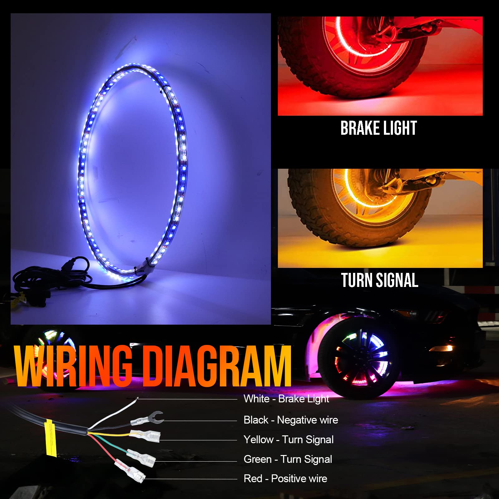 4PCS Brightest 17-inch Strobe LED Wheel Ring Lights for Cars - Double Row Dancing Chasing Colors with Turn Signal & Braking Function - Perfect for Night Driving, Car Shows & Vehicle Customization