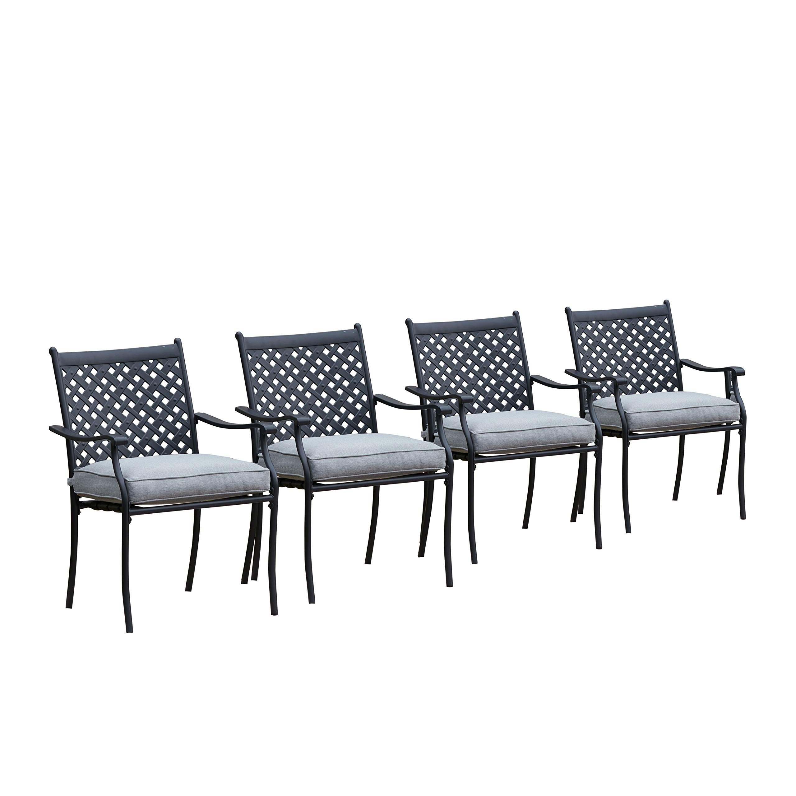 LOKATSE HOME 4-Piece Outdoor Patio Dining Chair Set - Wrought Iron Metal Chairs with Arms & Cushions (Grey) - Perfect for Garden, Backyard, Poolside & Restaurant Outdoor Seating