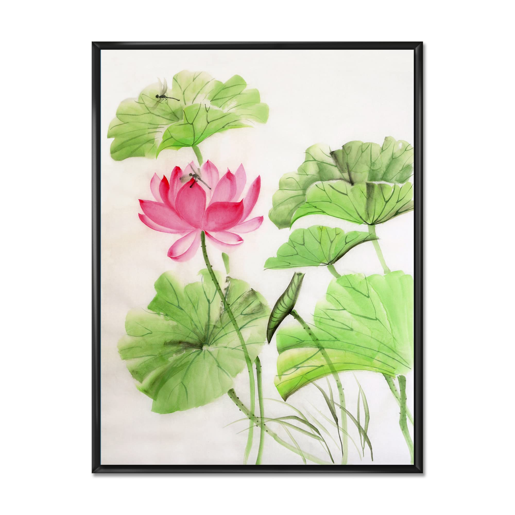 Lotus and Dragonfly Framed Canvas Wall Art - Traditional Asian Home Decor for Living Room, Bedroom & Office