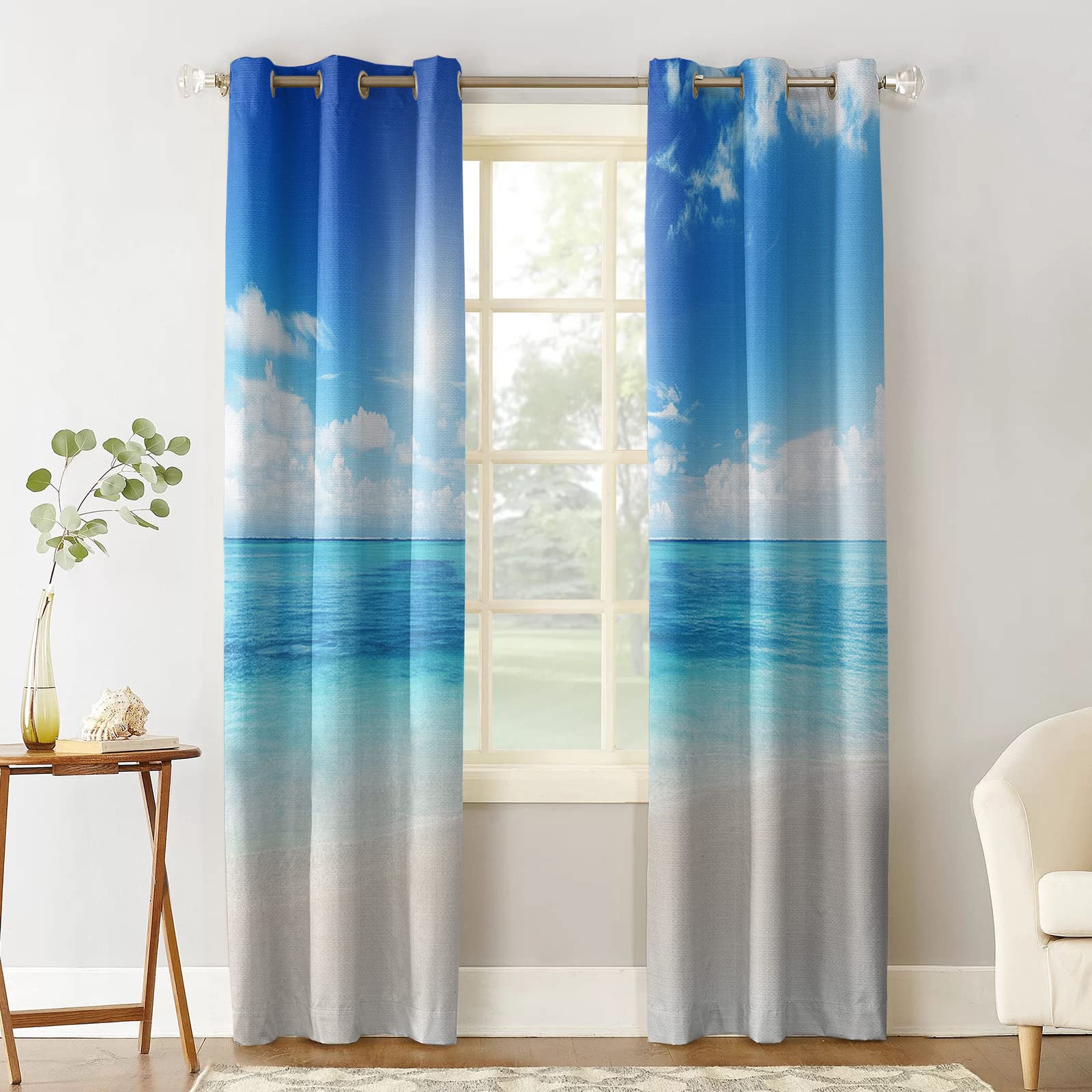 2 Panels Ocean Blue Sky 3D Printed Blackout Curtains - Thermal Insulated Grommet Window Drapes for Bedroom & Living Room (56
