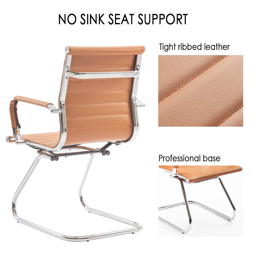 Premium Leather Office Guest Chairs Set of 6 - Modern Reception Waiting Room Chairs with Arms, Sled Base Desk Chairs for Conference Room & Lobby - Cognac Brown - Perfect for Corporate Offices, Hotels, and Professional Waiting Areas