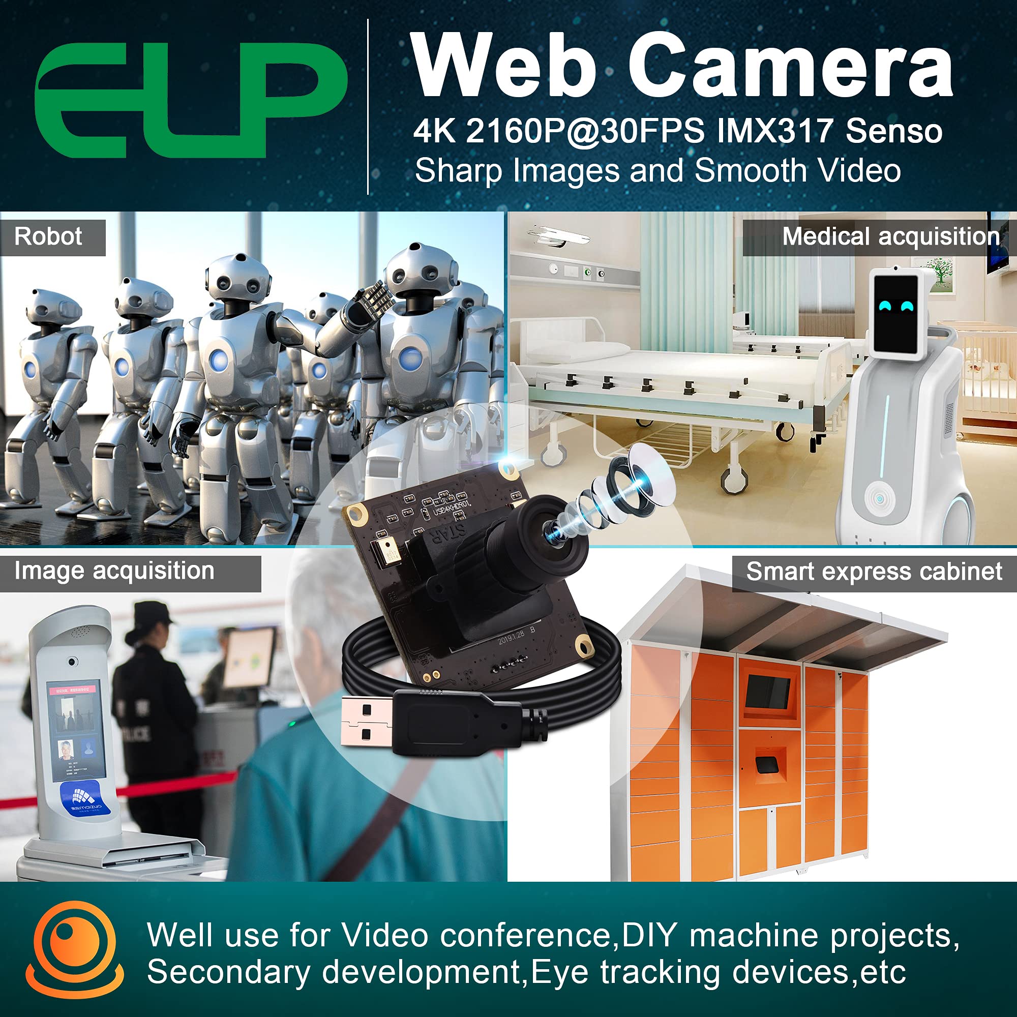 ELP 4K USB Webcam with Dual Microphones - 2160P Ultra HD Computer Camera for PC/Laptop, Plug & Play for Windows/Mac/Linux - Perfect for Video Conferencing, Online Classes, Live Streaming & Security Monitoring