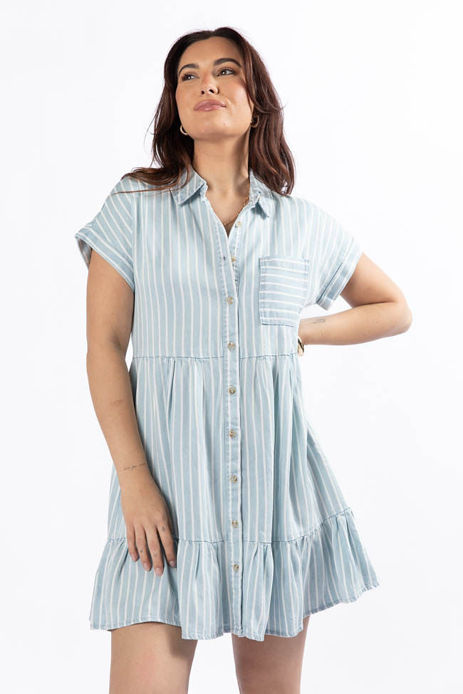 Stylish Striped Chambray Shirt Dress for Women - Casual & Comfortable Summer Outfit - Perfect for Beach, Office & Weekend Wear
