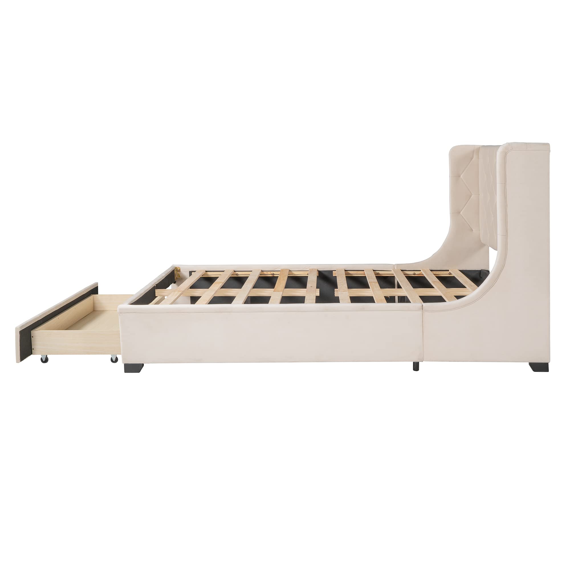 Merax Queen Size Velvet Upholstered Platform Bed with Storage Drawer & Wingback Headboard - No Box Spring Needed, Beige | Modern Bedroom Furniture for Small Spaces & Guest Rooms