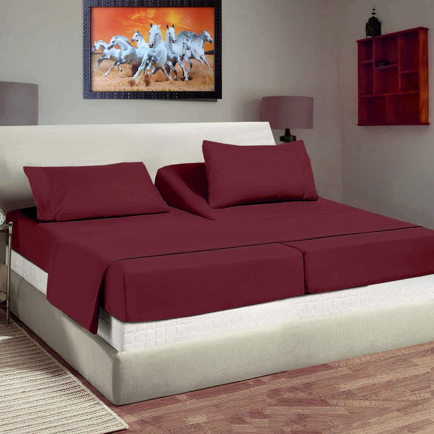 5-Piece Split Queen Sheet Set for Adjustable Beds - 100% Cotton Deep Pocket (18-22 Inch) Burgundy Solid Color - Perfect for Sleep Number, Adjustable & Split King Beds - Luxury Bedding for Ultimate Comfort