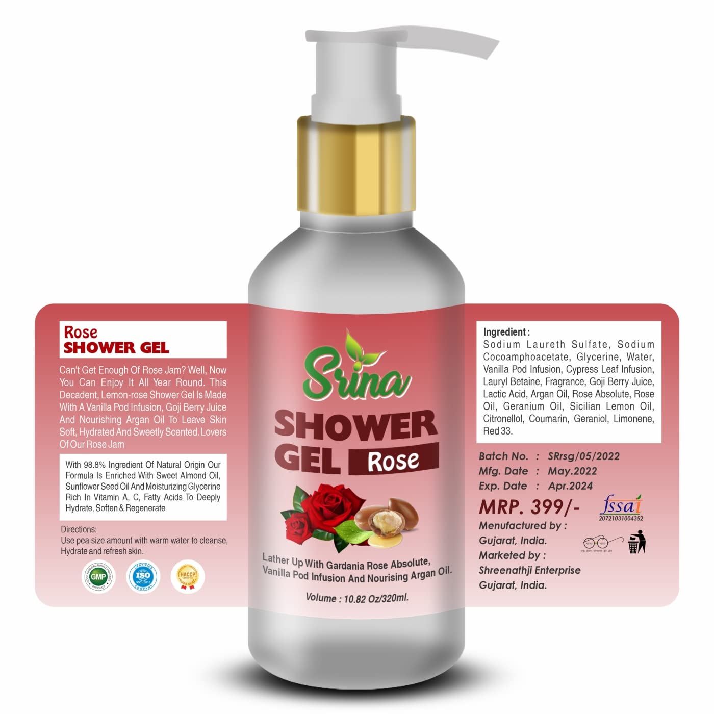 Srina Rose Scented Shower Gel with Glycerin - Hydrating Body Wash for Soft & Glowing Skin | Floral Bath Essential for Relaxation & Self-Care Routine