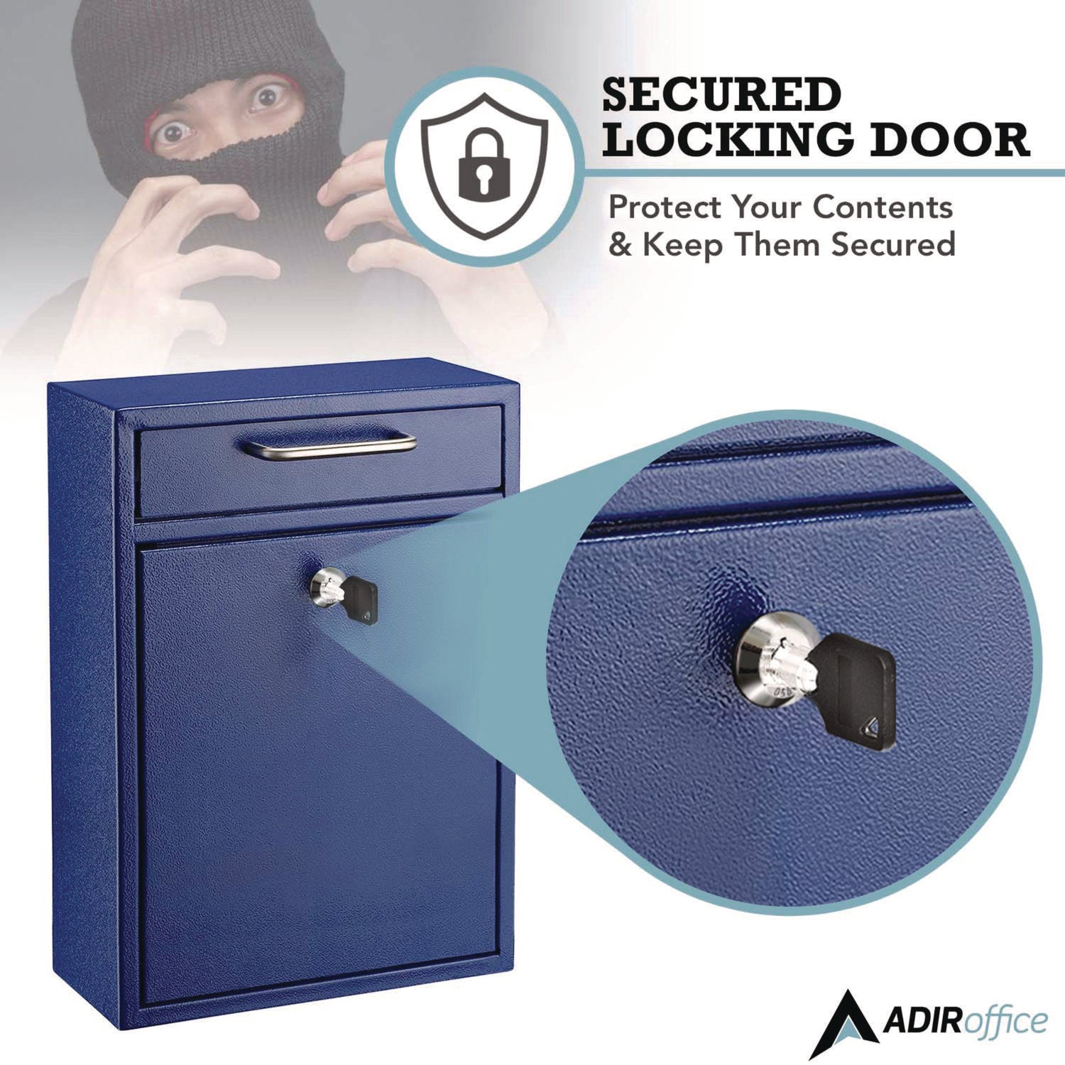 AdirOffice Large Wall Mounted Secure Drop Box - 11.2 x 4.7 x 16.2 Inch Blue Mailbox for Home & Office - Perfect for Package Delivery, Mail Collection and Secure Document Storage