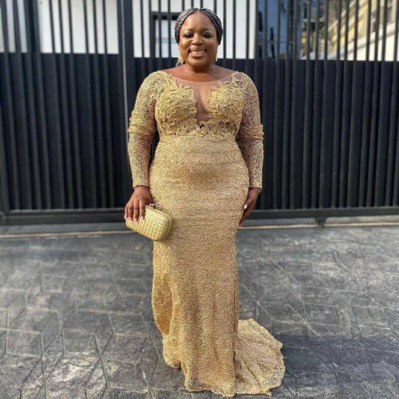 Elegant Plus Size Lace Mermaid Evening Gown for Women - Long Sleeve Formal Dress for Special Occasions | Perfect for Weddings, Proms, and Black Tie Events 2025