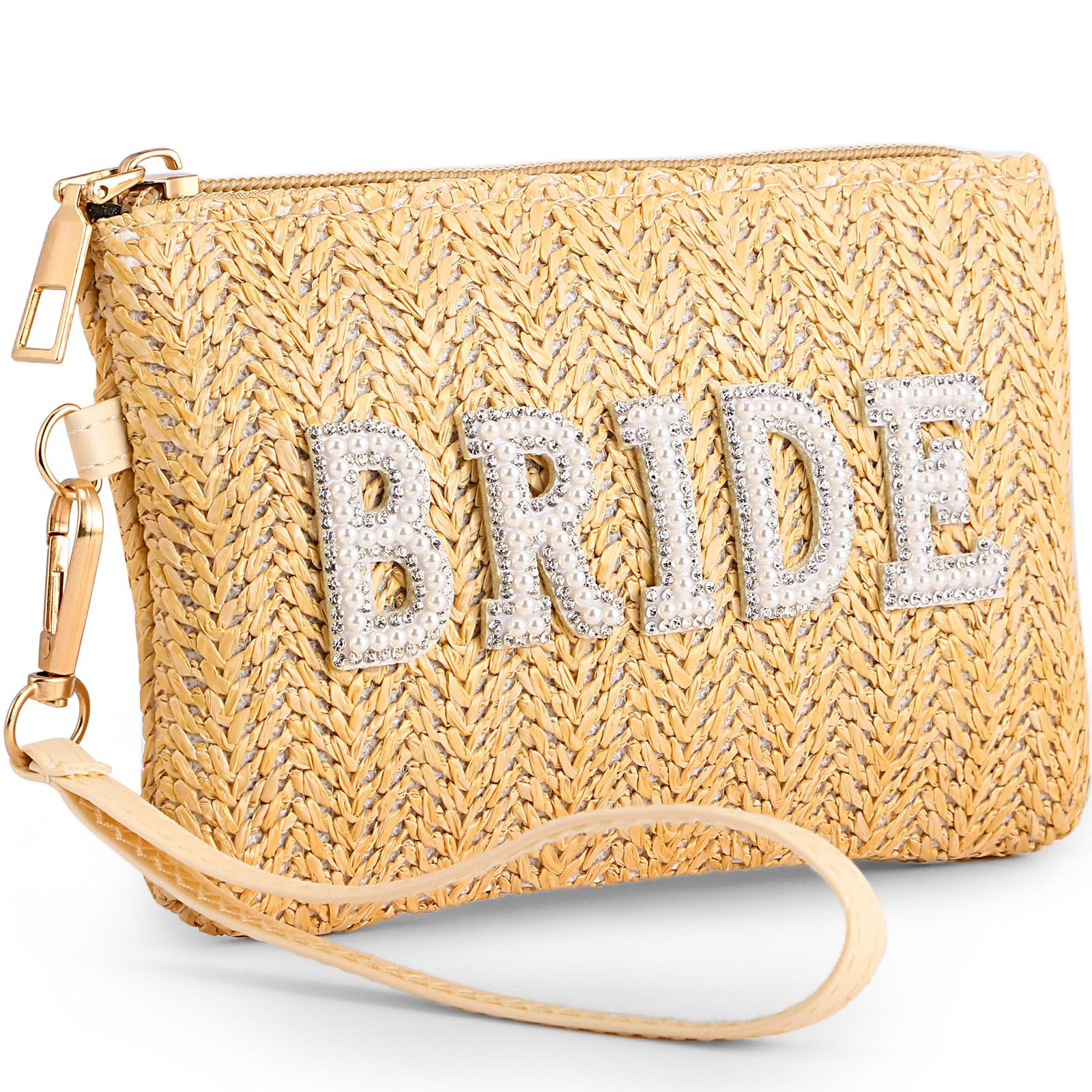 Elegant Pearl Rhinestone Wedding Straw Clutch Purse for Women - Bohemian Bridal Handbag with Wristlet Strap, Perfect for Honeymoon, Beach Weddings & Boho Bridal Accessories