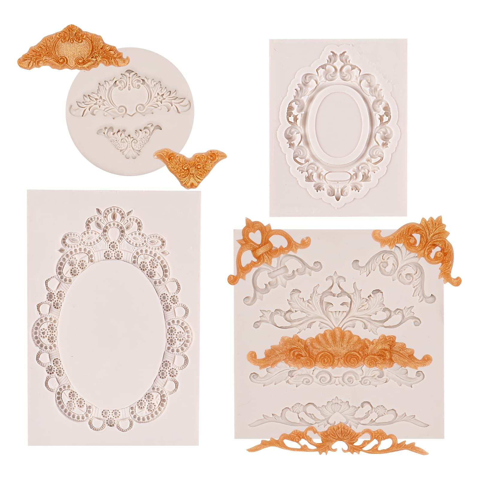 Baroque Style Silicone Molds Set of 4 - Royal Floral Embossed Fondant Molds for Cake, Cupcake, Cookie & Candy Decorating - Sugar Craft, Clay & Resin Molds - Perfect for Wedding, Halloween & DIY Crafts