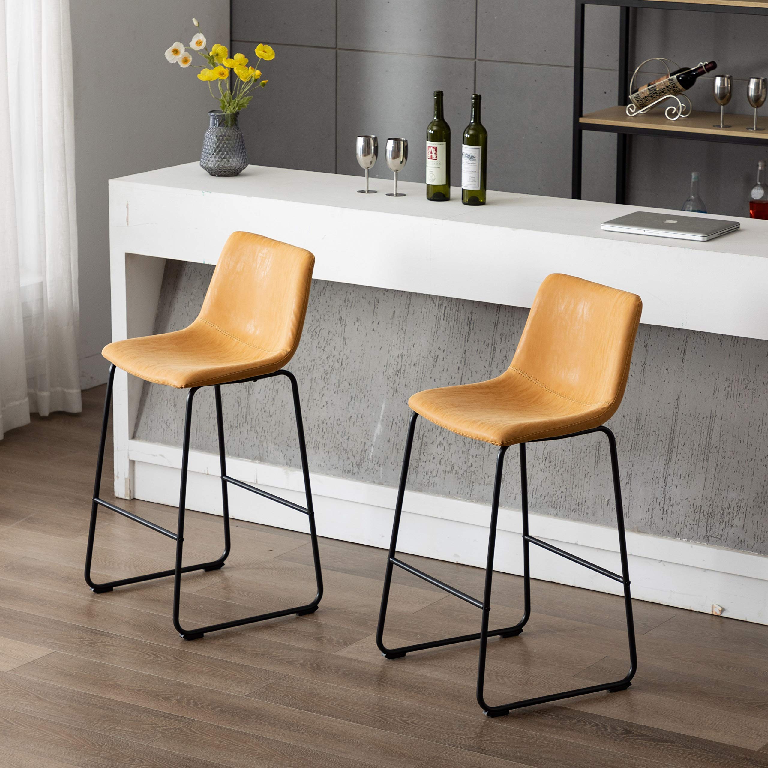 Vanity Art Set of 2 Synthetic Leather Upholstered Bar Stools - Armless Dining Chairs with Sturdy Metal Legs in Yellow Tan - Perfect for Kitchen Islands, Breakfast Bars & Home Decor