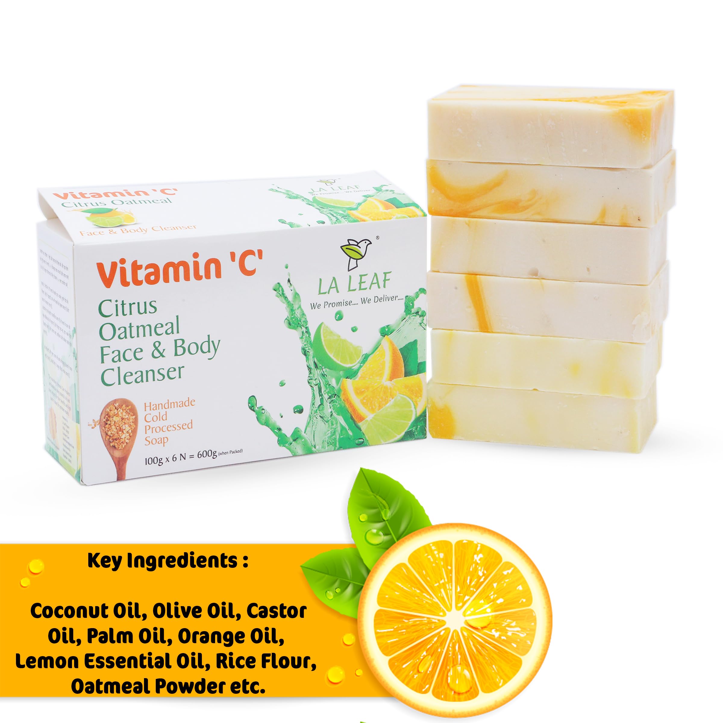 Organic Vitamin C Citrus Oatmeal Soap Bar - Cold Processed Handmade with Orange & Lime Essential Oils, Rice Extract - 8-Piece Combo Pack (100g Each) - Natural Skincare for Face & Body - Perfect for Dry Skin, Acne Treatment & Daily Cleansing