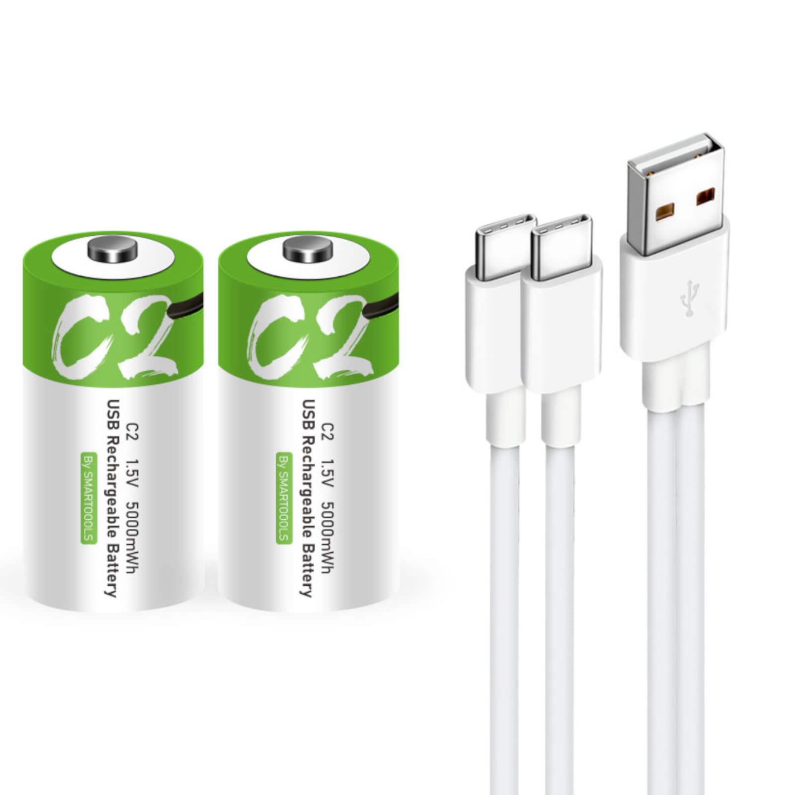 Rechargeable C Batteries 2 Pack - 5000mWh 1.5V Lithium Ion C Size Batteries with USB A to Type C Charger | USB Rechargeable C Cell Batteries for Flashlights, Toys, Radios & Emergency Power Backup